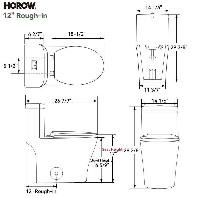 HOROW 1 Piece Compact Elongated ADA Height Dual Flush Toilet White 0.8 1.26 GPF 1000g Flush Seat Included