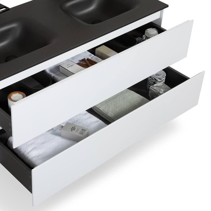 Wall-Mounted Bathroom Vanity Set in White with Black Quartz Top and Integrated Sink