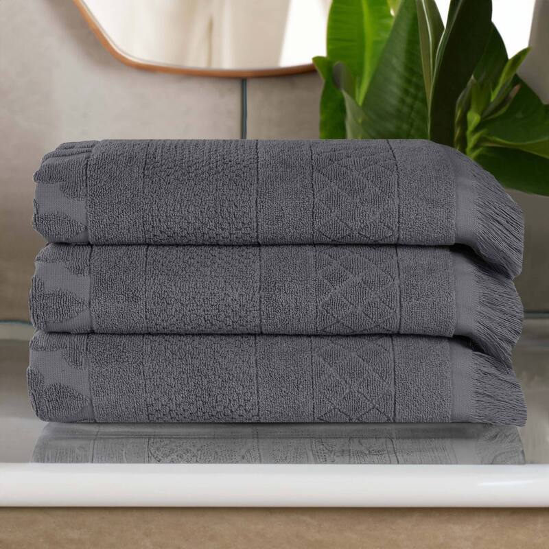 Superior Rolla Cotton Geometric Jacquard Plush Soft Bath Towel Set of 3 - Grey