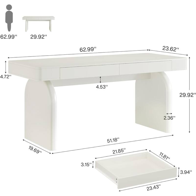 63-Inch White Desk with Drawers, Modern Elegant Glossy Executive Office Desk