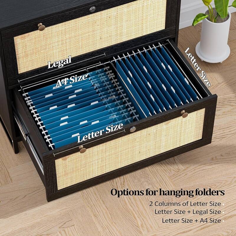 Wood Rattan 2-Drawer Lateral File Cabinet with Lock for Home Office