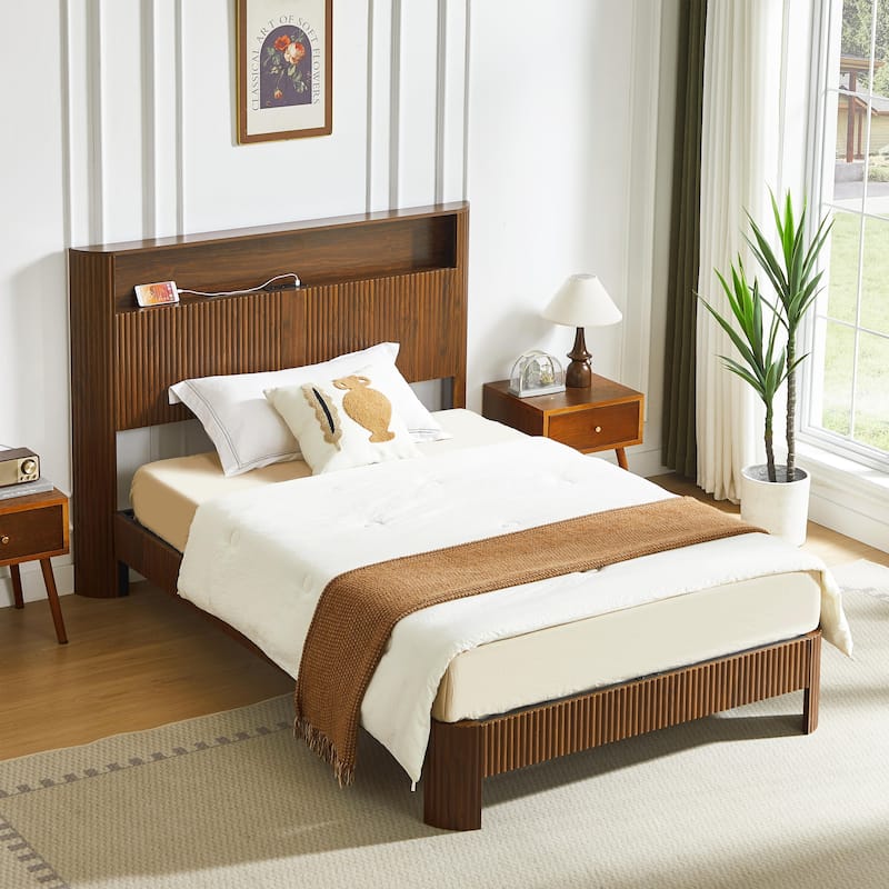 Full XL Bed Frame with Storage Headboard, Charging Station, Wavy Design, Silent Operation, Walnut Finish