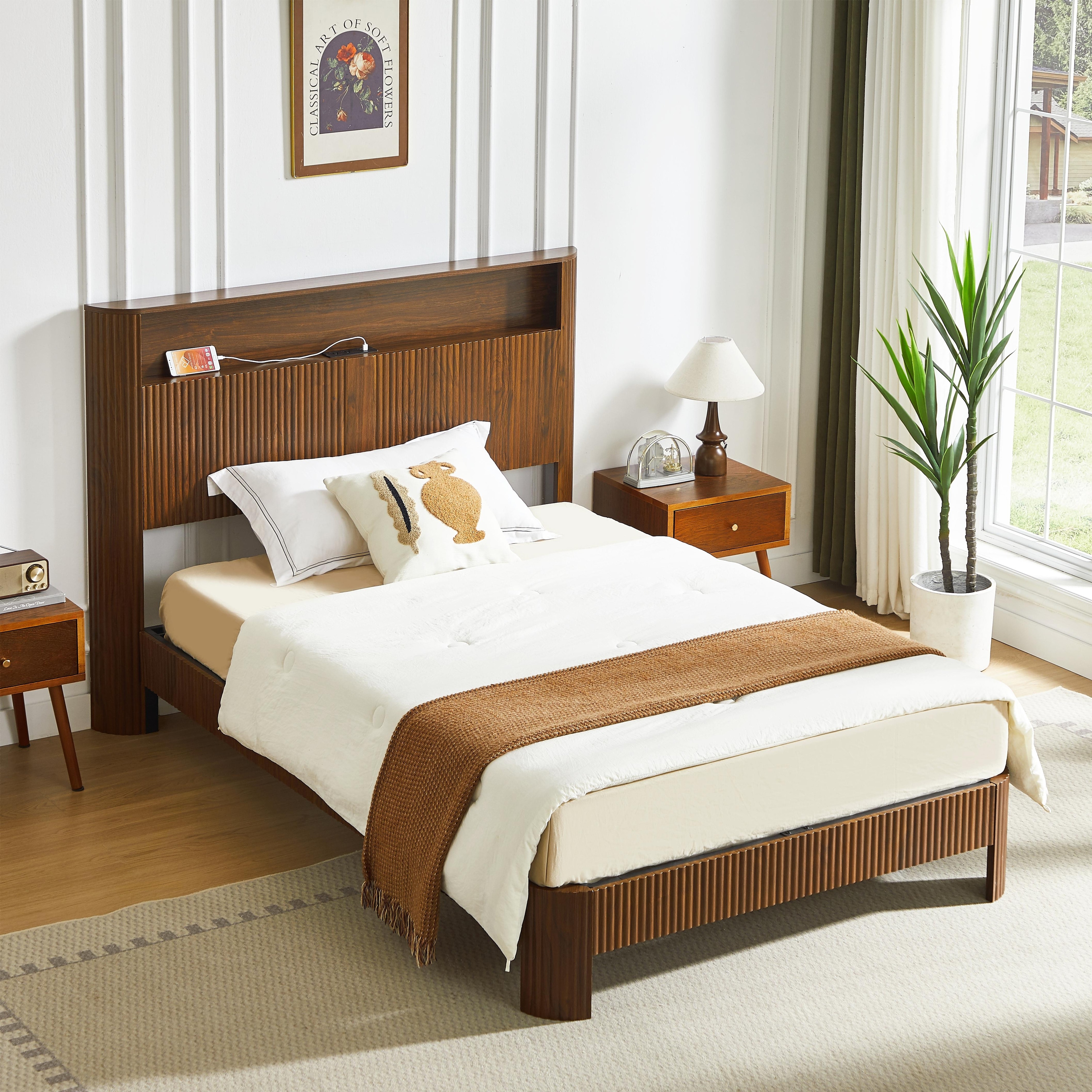 Full XL Size Platform Bed with Storage Headboard, Built-in charging station