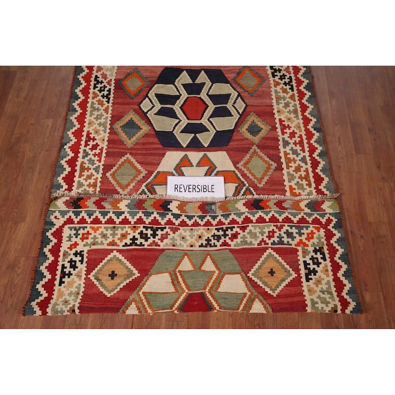 Geometric Kilim Qashqai Nomadic Persian Antique Flatweave Wool Carpet - 4'2"x 6'9"