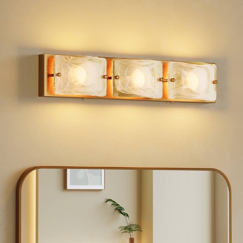 3 Tiles Cloud Glass Bathroom LED Vanity Light with 3CCT Adjustable - Gold Copper+ Clear