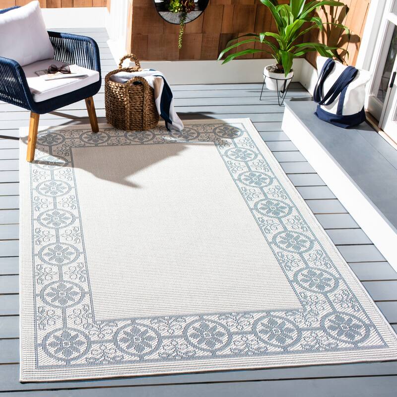 SAFAVIEH Bermuda Washable Aliete Indoor/ Outdoor Waterproof Rug - 5'3" x 7'6" - Ivory/Light Blue
