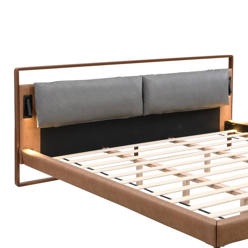 Leather Bed with 2pcs Night Lights - Brown+Grey