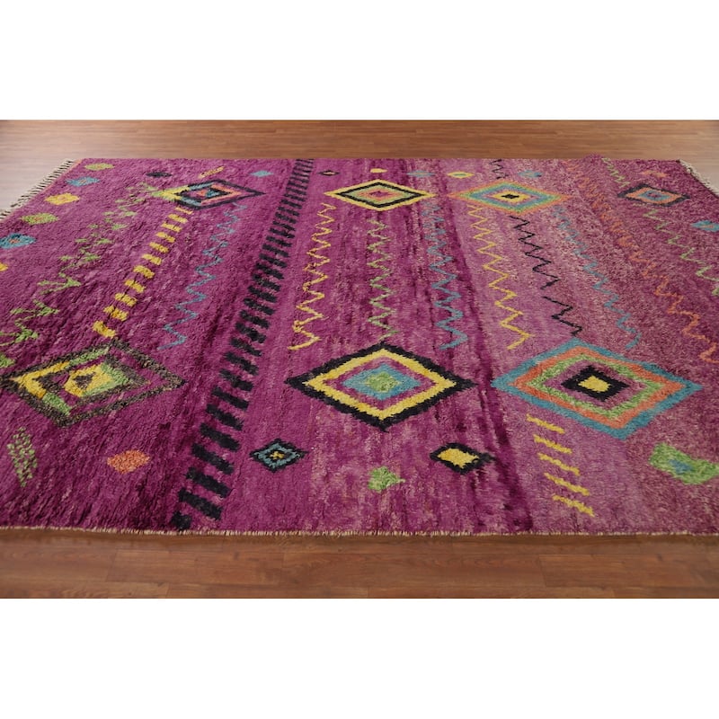 Purple Moroccan Oriental Area Rug Hand-Knotted Wool Carpet - 8'9" x 12'3"