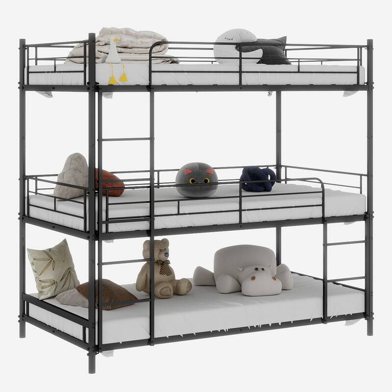 Heavy-duty triple frame bed with built-in ladder and full-length railing