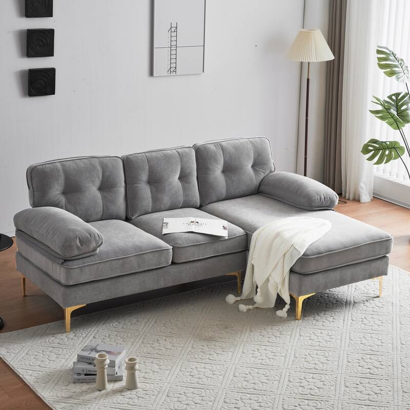 Velvet Sectional Sofas Couches with Pillow Top Arms and Upholstered Backrest, Modern L-Shaped Couches with Metal Legs