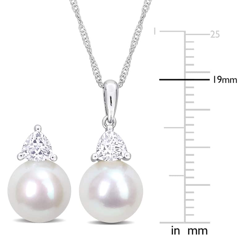Miadora 8mm Cultured Freshwater Pearl 1ct TGW Created White Sapphire Jewelry Set 10k White Gold