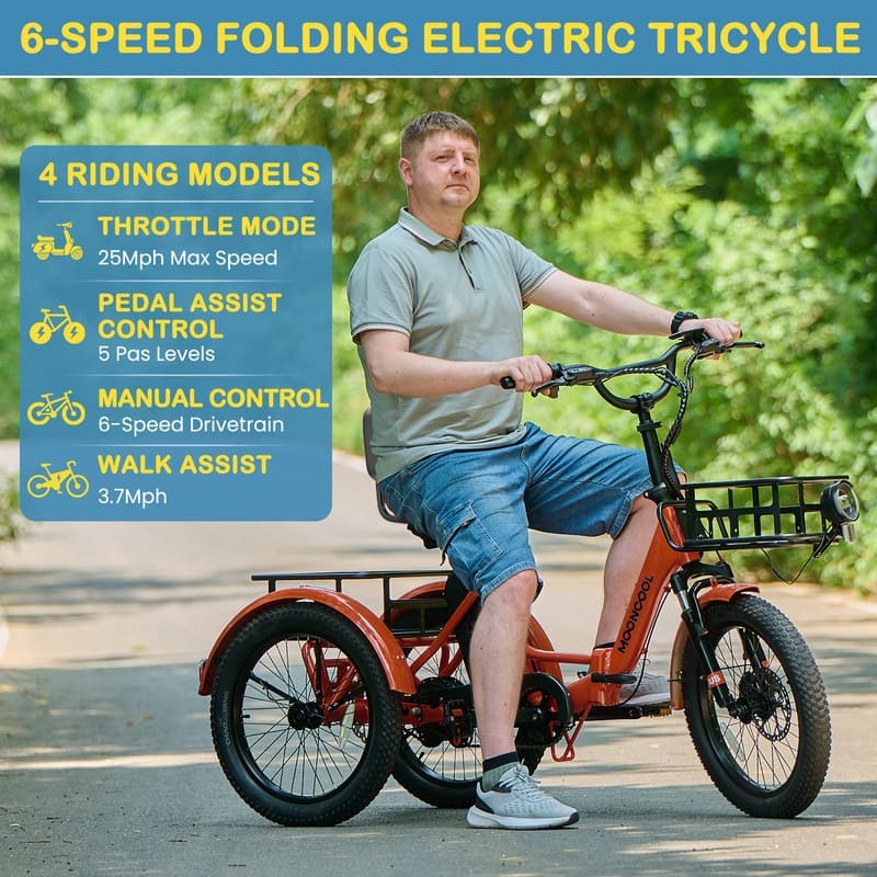 Folding Electric Tricycle for Adults, w/ Basket and Removable Battery
