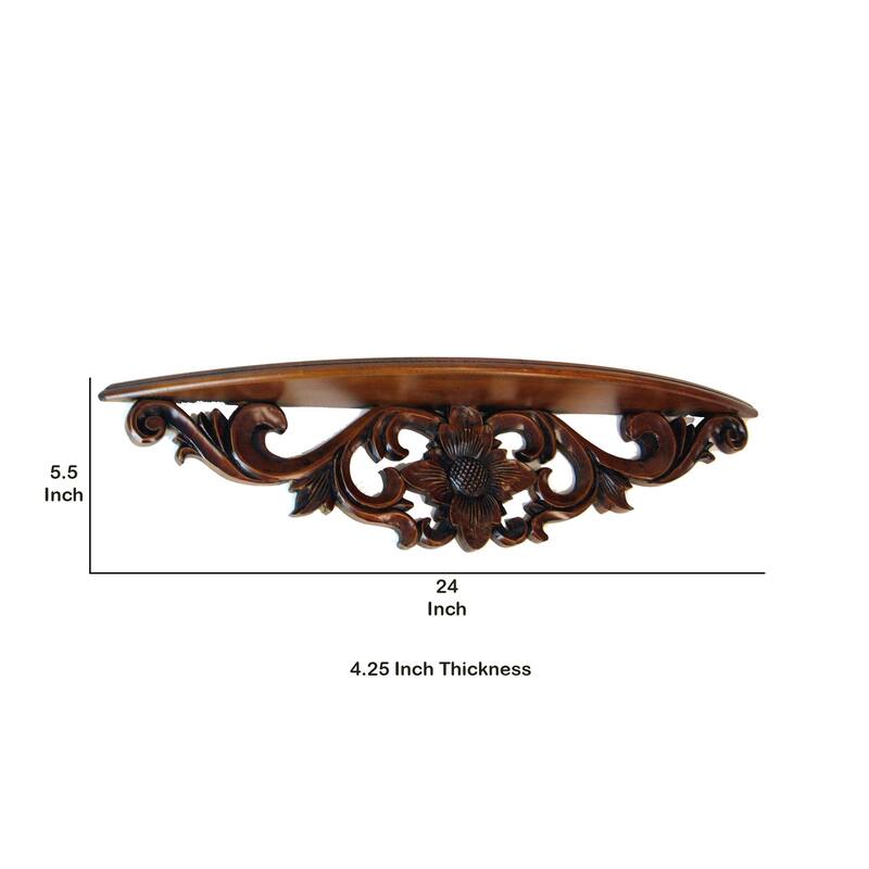 Hand Carved Wooden Moonbay Wall Shelf in Floral Design, Brown