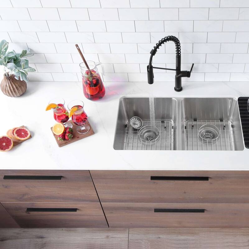 STYLISH 29 inch L x 18 inches W Double Bowl Undermount and Drop-in Stainless Steel Kitchen Sink - 29" x 18" x 8" - With Bottom Grids