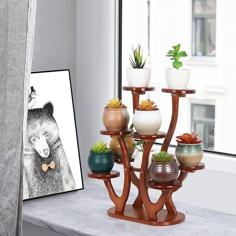 9 Tiers Small Windowsill Plant Shelf Indoor,Bamboo Succulent Plant Stand - 11.8 x 6.7 x 17.9 inches
