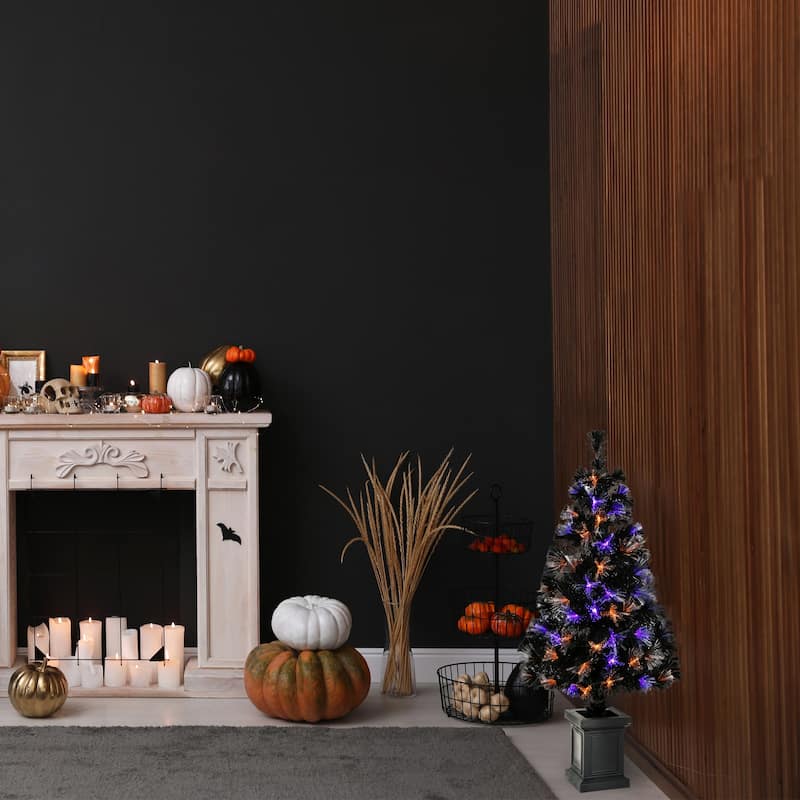 National Tree Company Halloween Pre Lit Artificial Tree Decoration, Black, Fiber Optic, LED Lights, Plug In, 4 Feet