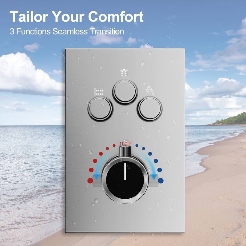 GRANDJOY 3-Function Thermostatic Shower System 12'' Rainfall Shower Head with Anti-Scald Valve