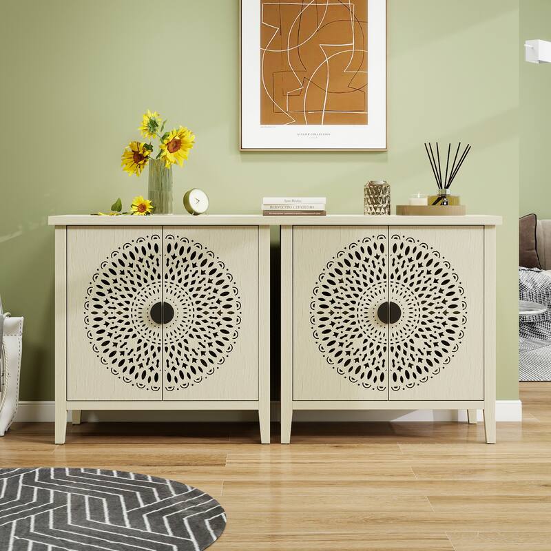 Waterproof Sideboard Buffet, Hollow-Carved 2 Door Accent Cabinet, Storage Cabinet with Adjustable Shelf