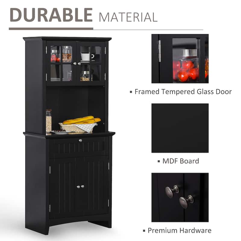 HOMCOM Kitchen Buffet Hutch Wooden Storage Cupboard with Framed Glass Door, Drawer and Microwave Space - 27"x15.75"x64.5"