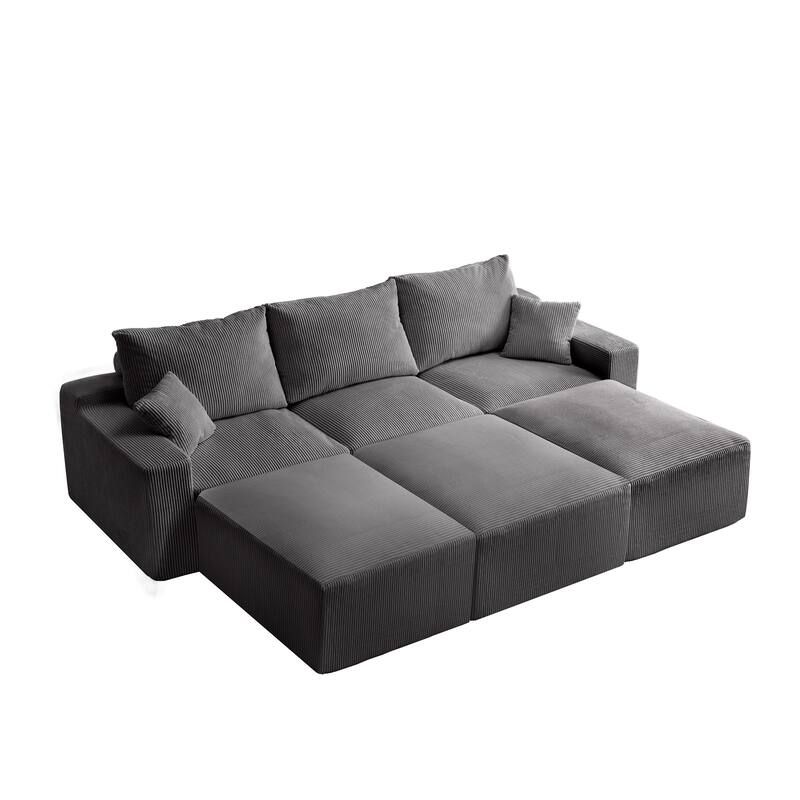 110" L-Shaped Modular Sectional Sofa 3-Seater Corduroy Couch with 3 Ottoman and 2 Pillows