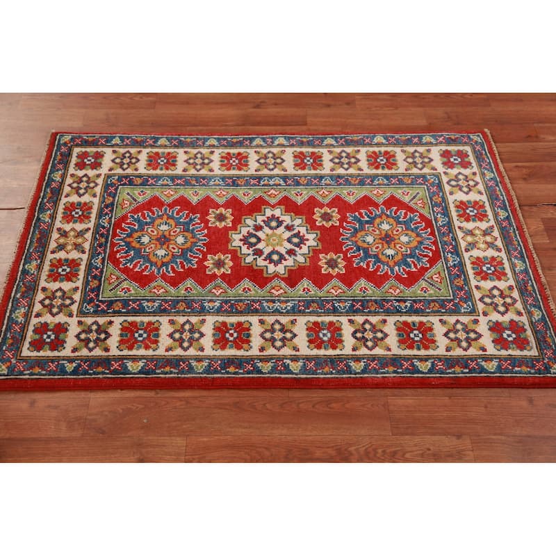 Red Kazak Foyer Rug Hand-Knotted Accent Geometric Wool Carpet - 2'8"x 4'0"