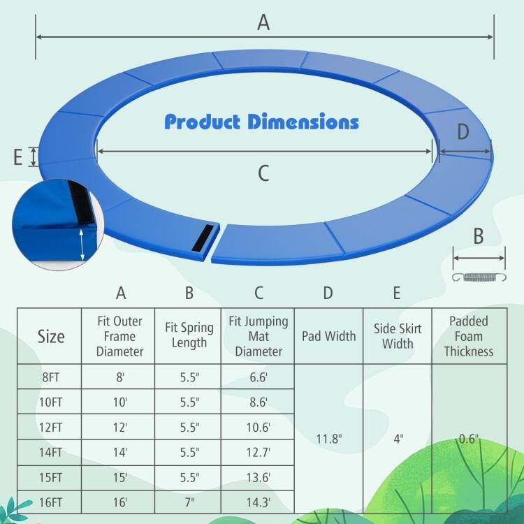 Blue PVC Foam Trampoline Safety Pad with Elastic Straps and Hook Closure