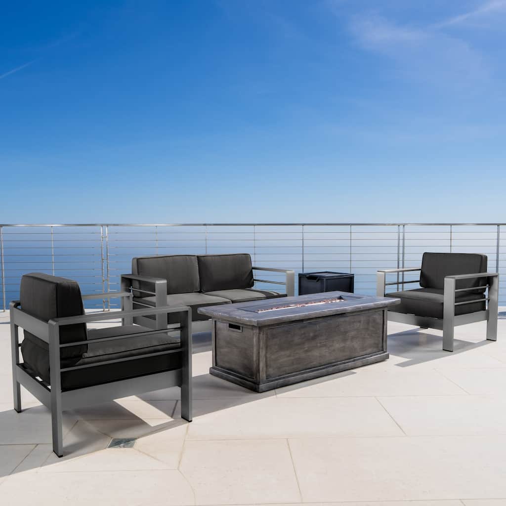 Cape Coral Outdoor Aluminum 5-piece Chat Set with Cushions & Fire Table by Christopher Knight Home