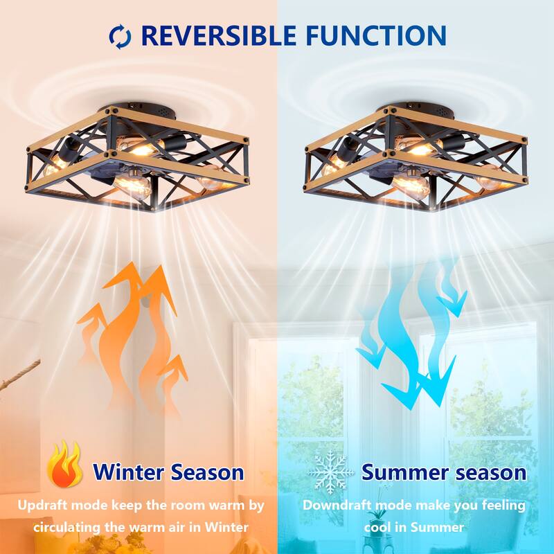 20 inch Flush Mount Ceiling Fan Light with Remote Caged Farmhouse Fandelier Black Wood Low Profile