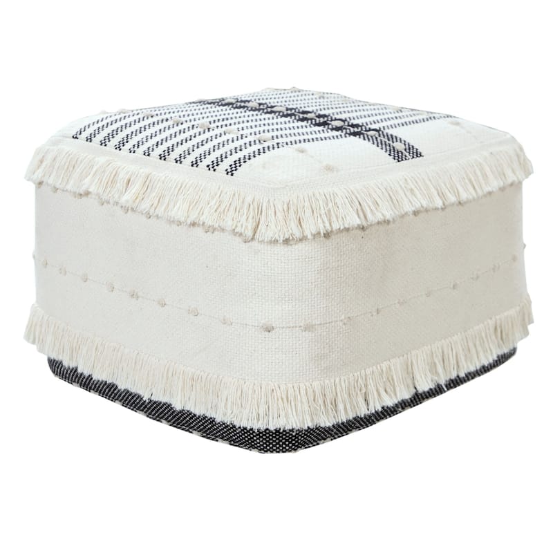 18" Black and White Shag Stripe Handcrafted Square Pouf Ottoman