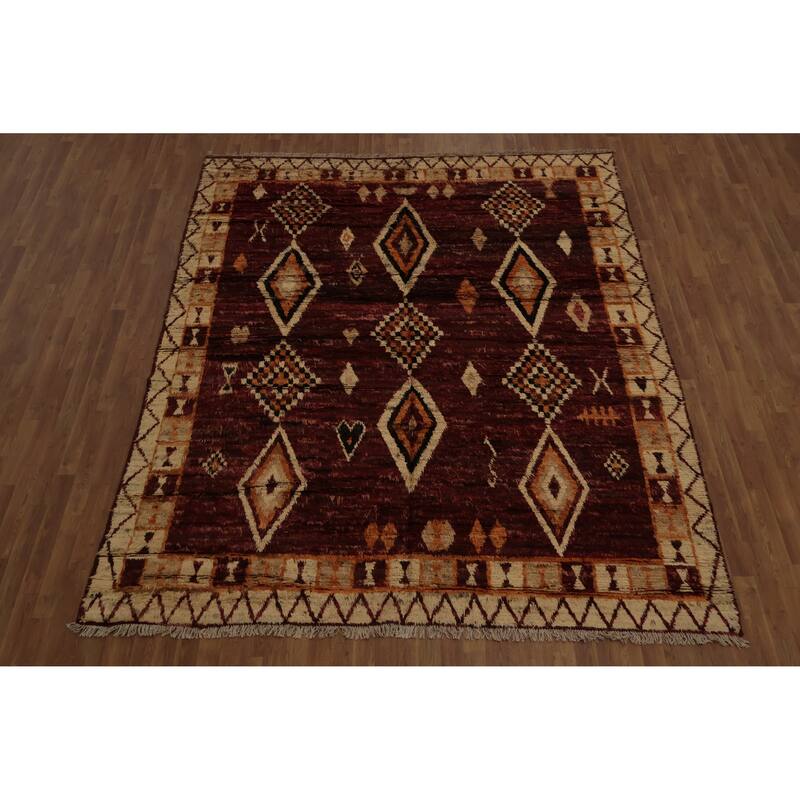 Hand Knotted Oriental 100% Wool Carpet Modern Tribal Red Moroccan Area Rug - 9' 10'' X 8' 3''