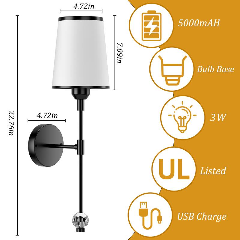 2-Pack Battery Operated Wall Sconces Rechargeable with Remote Control Dimmable 15-Color Light - N/A