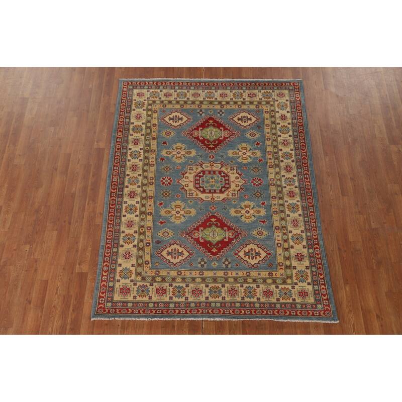 Blue Geometric Kazak Area Rug Handmade Wool Carpet - 5'0" x 6'6"