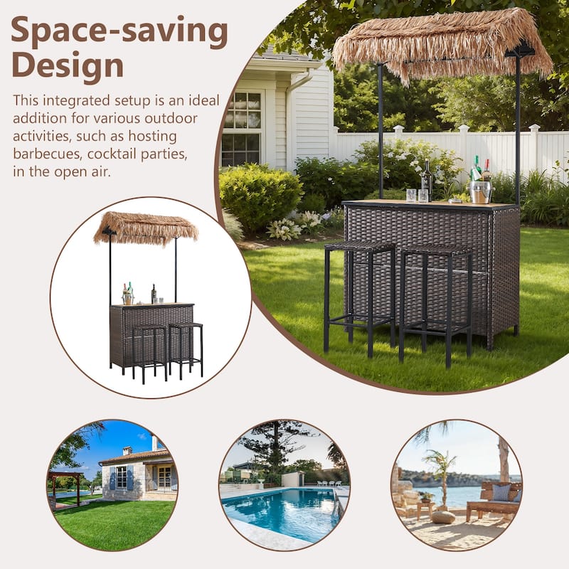 Artisan 3-Piece Wicker Outdoor Bar Set with Canopy, Storage Shelf, and 2 Height Stools - N/A