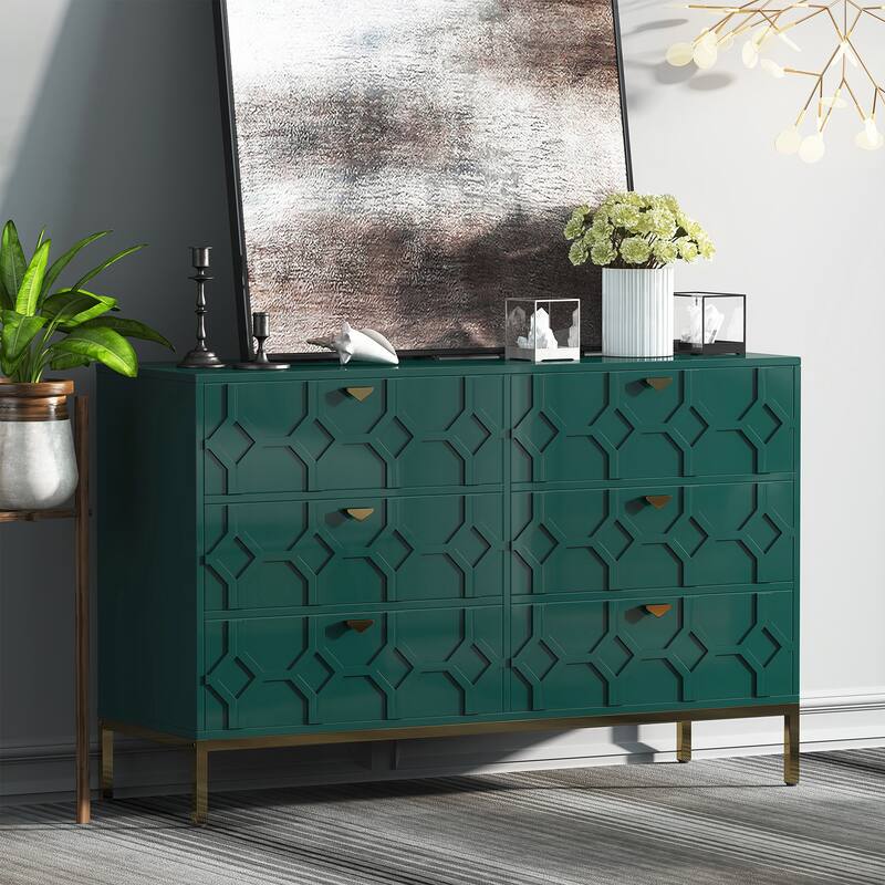 Clihome Wooden Storage 6 Drawer Double Dresser for Bedroom - Green