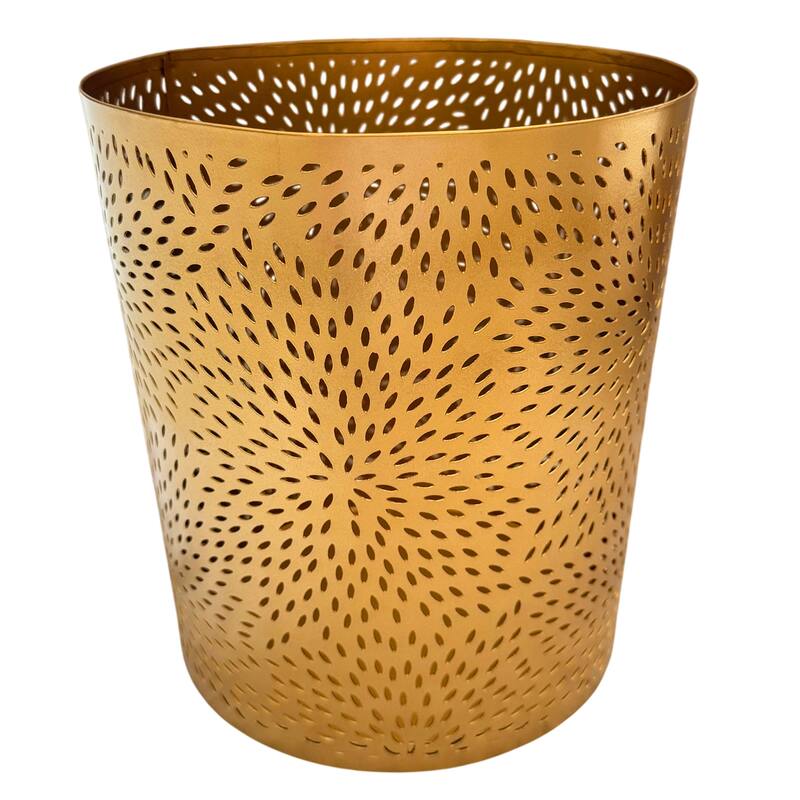 10" Decorative Iron Wastebasket Trash Can Matte Gold Leaf Etched Design