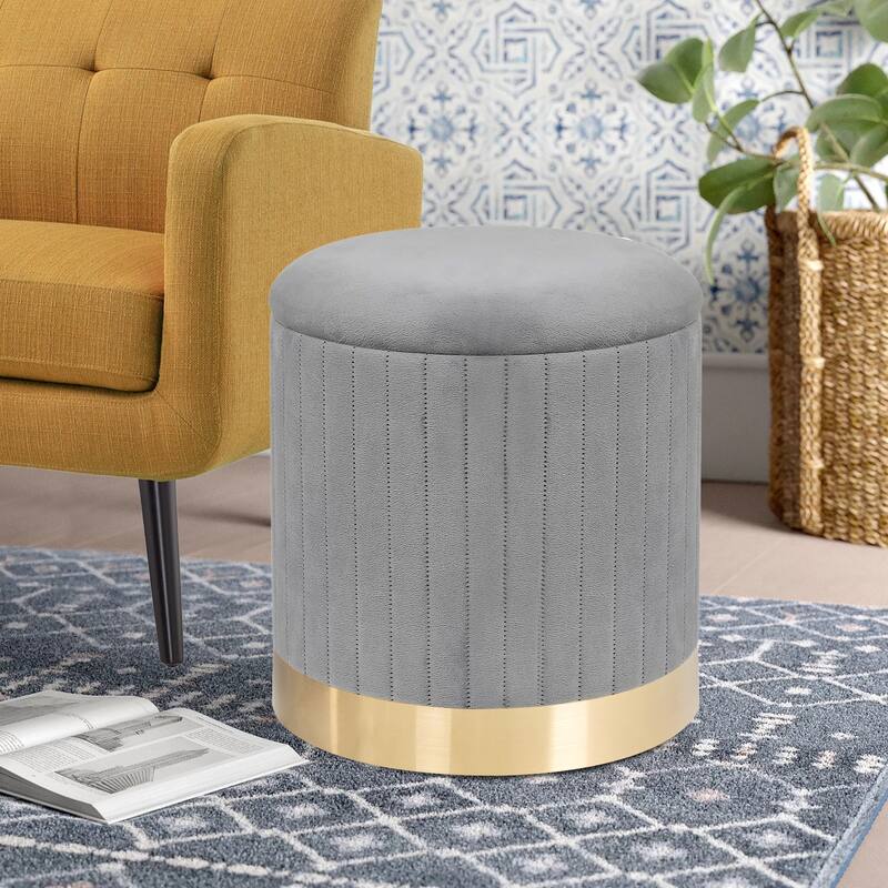 Adeco Round Velvet Storage Ottoman Vanity Stool Footstool (Pack of 2)