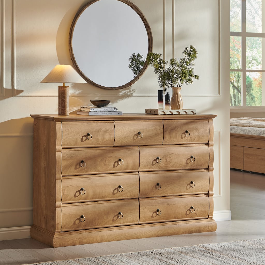9 Drawers Dresser, 52" Vintage Chest of Drawers with Curved Fronts
