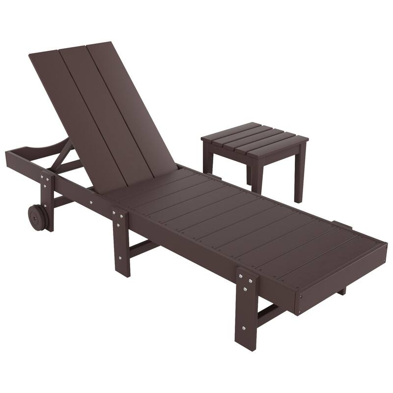 Polytrends Shoreside Modern Poly Eco-Friendly All Weather Reclining Chaise Lounge With Wheels and Side Table (2-Piece Set)