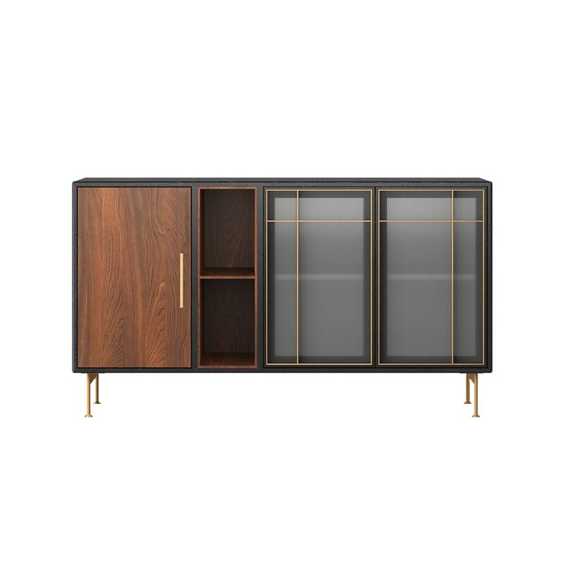 55.12” Mid Century Modern Sideboard Buffet 3 Door Cabinet, Multi-layer Solid Wood Frame, Walnut Veneer, Fully Assemble - 55.12''