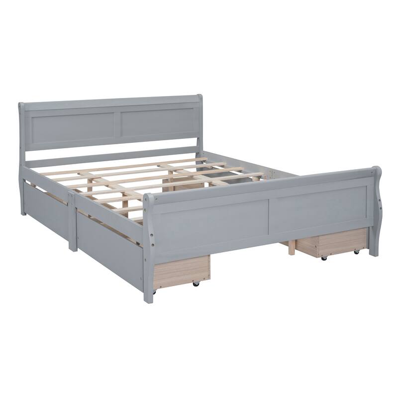Wood Platform Bed with 4 Drawers and Streamlined Headboard & Footboard