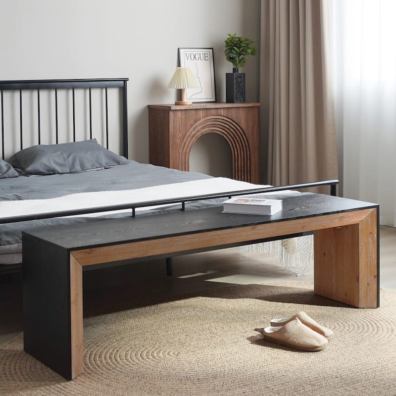 Roomfitters 59 Inch Modern Wood Bench, Two-Tone Black and Natural Finish