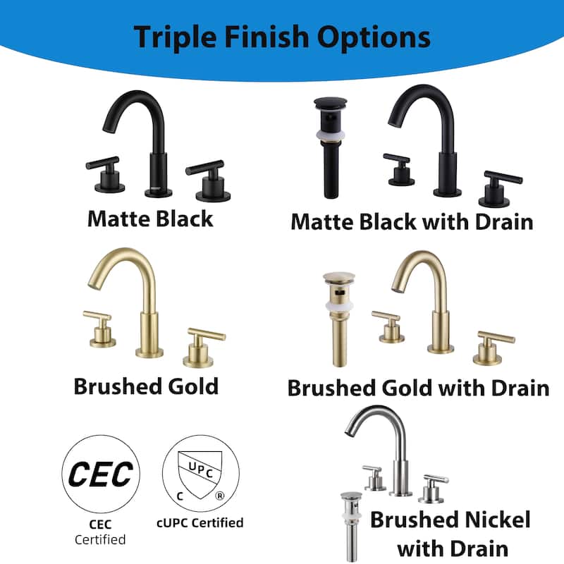 Modland Widespread 3-Hole Bathroom Faucet, 500K Cycle Ceramic Cartridge, 360 Swivel Spout & CEC Certified (Black/Gold/Nickel)