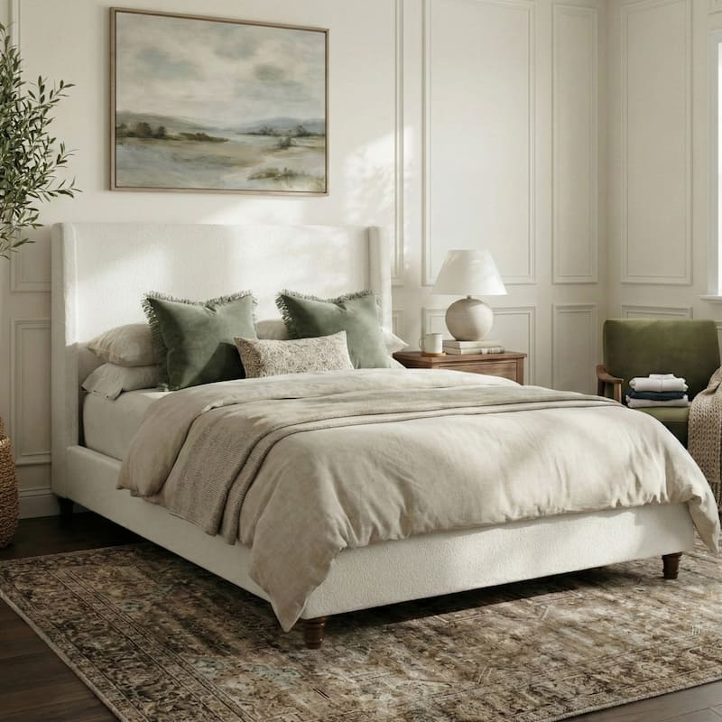 Christopher Knight Home - Modern 52.7" Tall Wingback Boucle Upholstered Platform Bed Frame with Solid Wood Legs & Slat Support