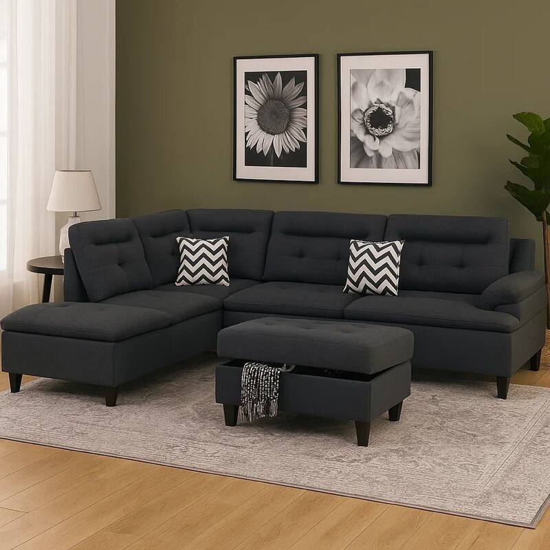 Olga 3 Piece L Shape Sectional Sofa, Ottoman, 2 Pillows, Charcoal Gray
