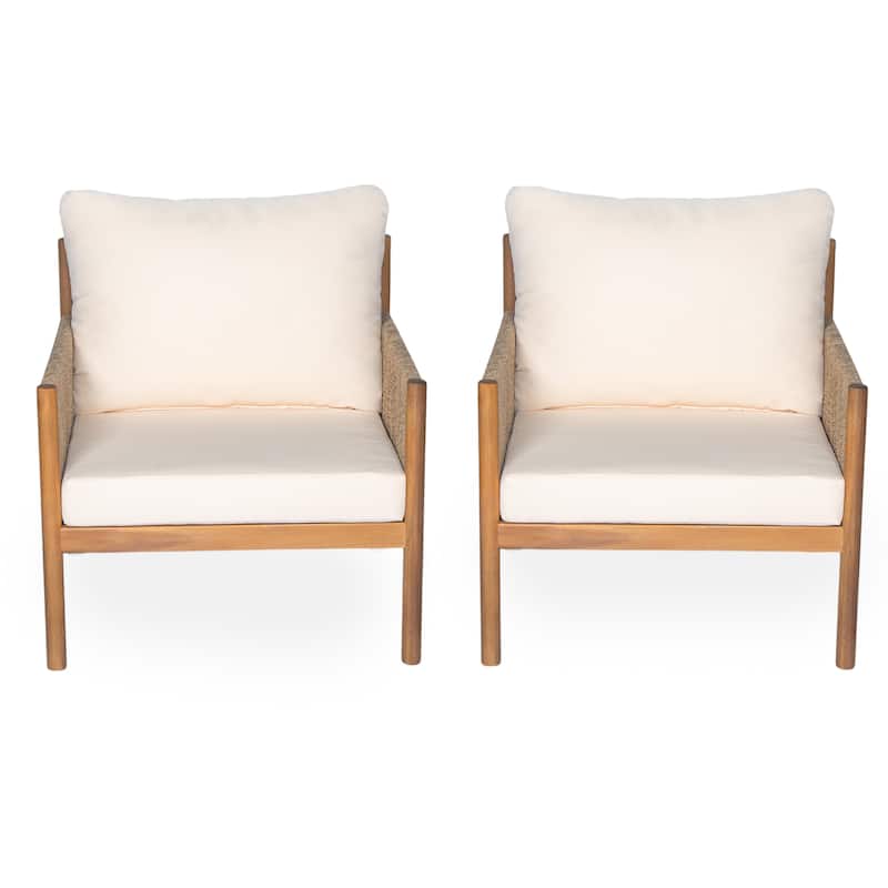 Roomfitters Modern Outdoor Lounge Chair, Solid Wood Frame with Handwoven Rope Sides and Cream Cushions for Patio, Teak