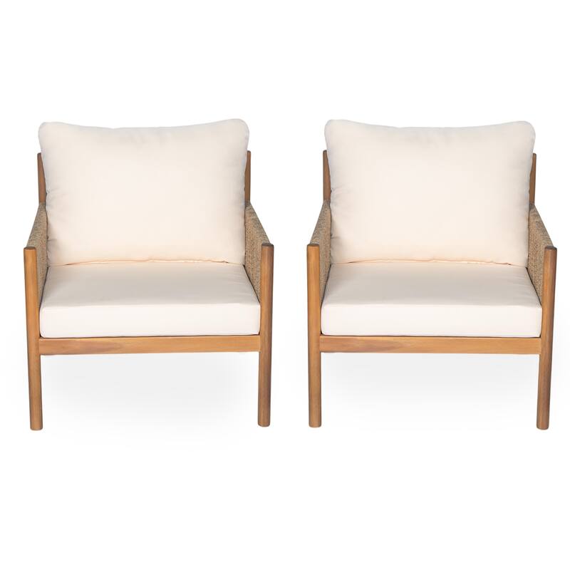 Set of 2 Outdoor Solid Wood Wicker Club Chair with Cushion, Patio Furniture Conversation Seat for Backyard Modern Woven Armchair