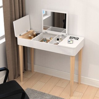 Flip Up High Definition Mirror Vanity Table with Solid Wood Legs - Bed ...