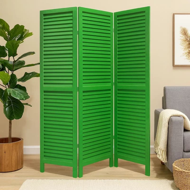 3 Panel Foldable Wooden Shutter Screen with Straight Legs, Green