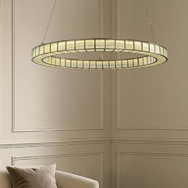 32'' Modern Halo Round Art Glass Integrated Led Chandelier Brass Art Deco Led Ceiling Light For Dining Room Living Room - W32''