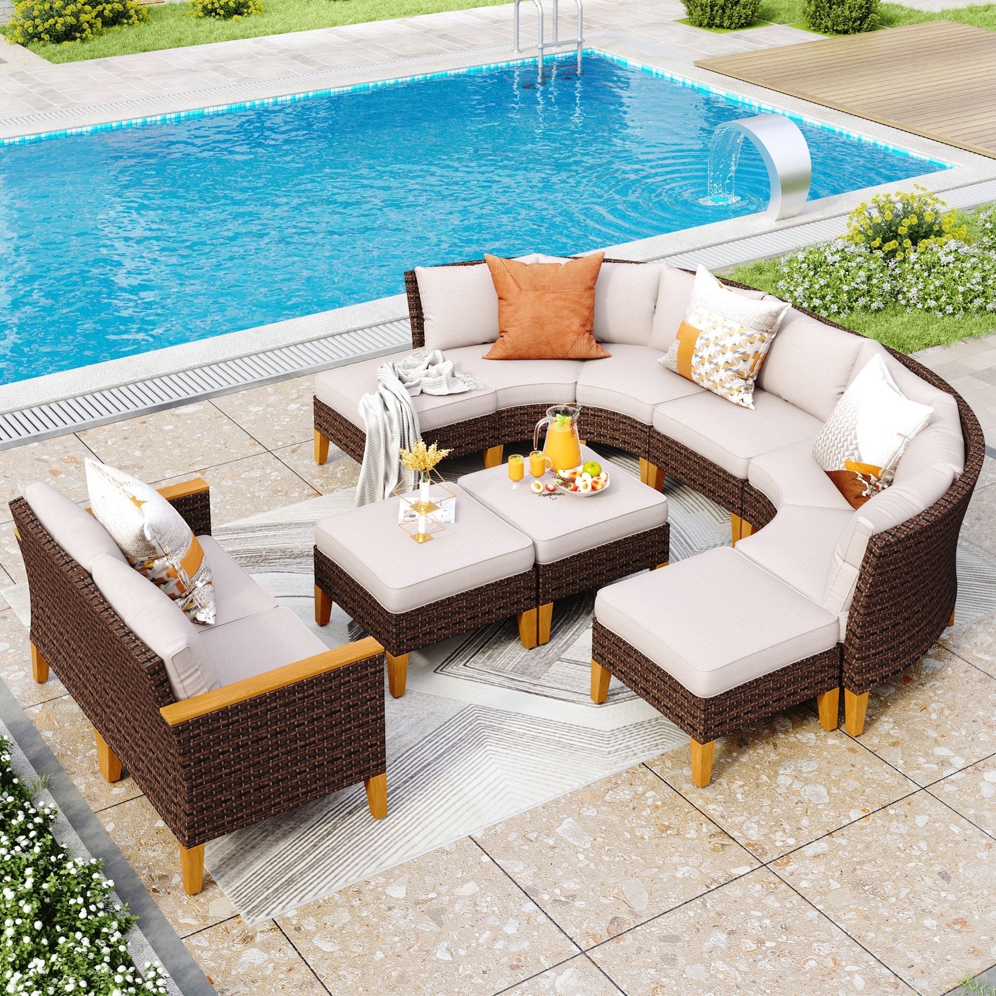 11 Piece Outdoor Wicker Half Round Furniture Set Half Moon Sectional Sofa All Weather Curved Conversation Set Bed Bath Beyond 37667050